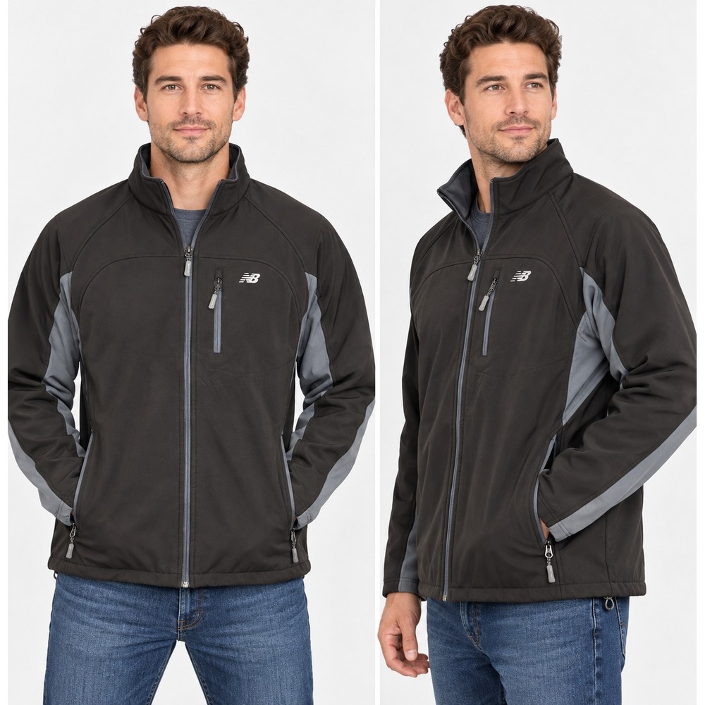 New Balance Jacket Men's Large Black Gray Softshell Fleece Lined Full Zip Coat